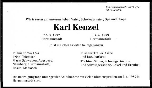 Kenzel Karl 1897-1989 Todesanzeige